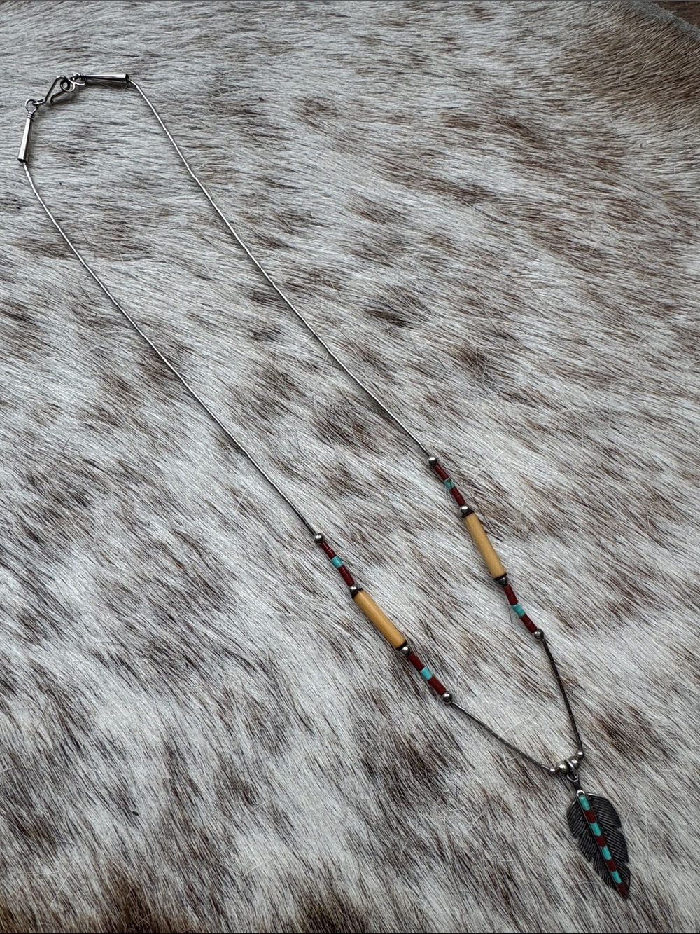 Handmade Sterling Silver Feather Pendant Necklace with Turquoise and Tan Beads